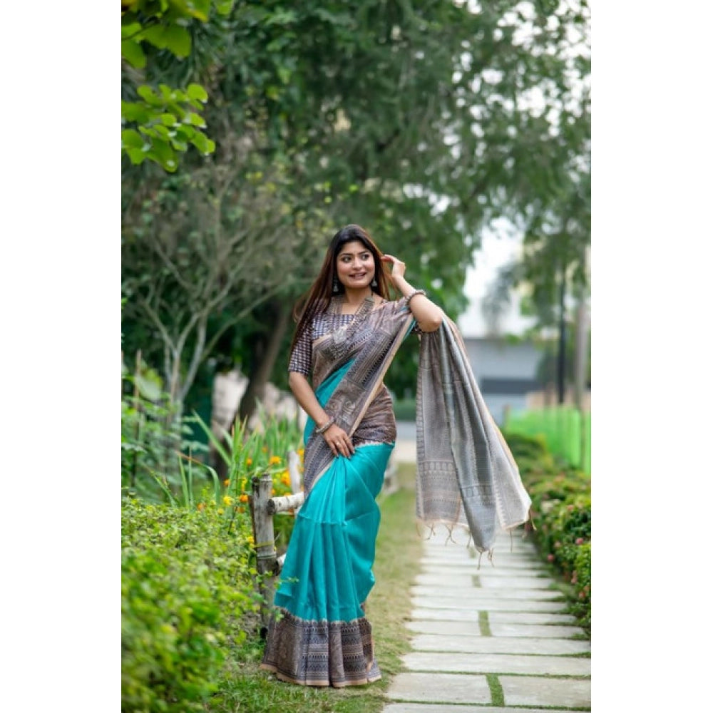 Generic Women's Faux_Tussar Geometric_Print Saree With Unstitched Blouse 5.5MtrÂ (Rama_Green)