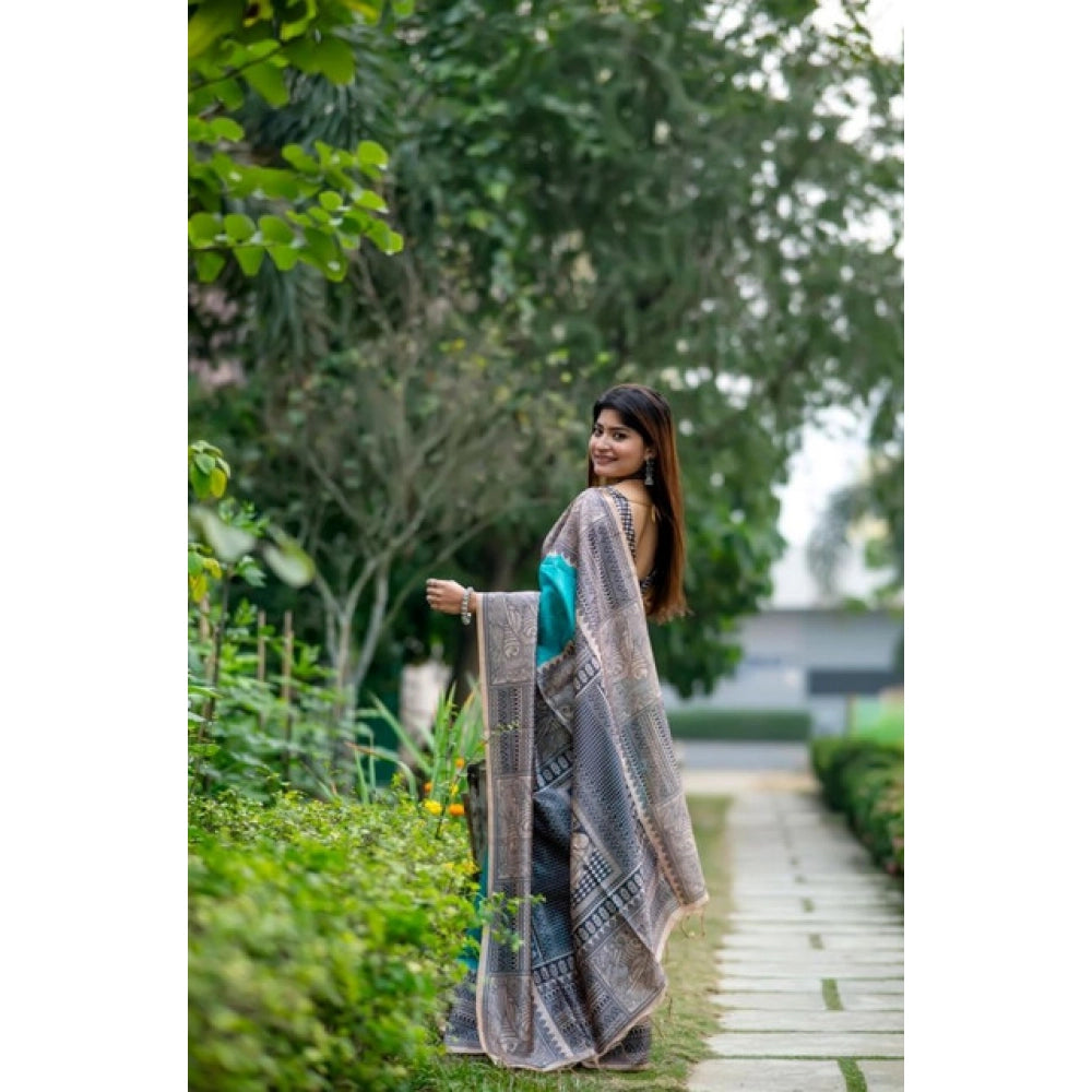 Generic Women's Faux_Tussar Geometric_Print Saree With Unstitched Blouse 5.5MtrÂ (Rama_Green)