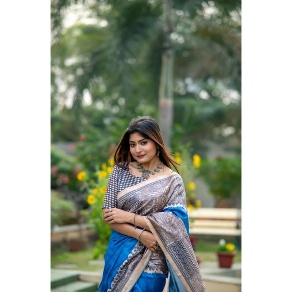 Generic Women's Faux_Tussar Geometric_Print Saree With Unstitched Blouse 5.5MtrÂ (Royal_Blue)