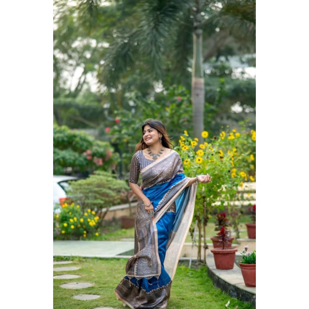 Generic Women's Faux_Tussar Geometric_Print Saree With Unstitched Blouse 5.5MtrÂ (Royal_Blue)