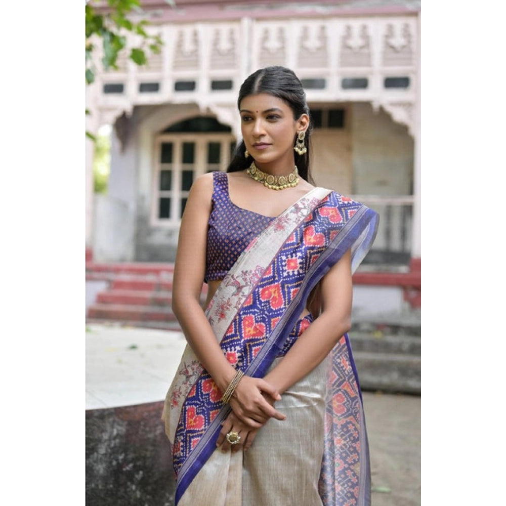 Generic Women's Faux_Tussar Floral Jal With Patola Print Saree With Unstitched Blouse 5.5MtrÂ (Blue)
