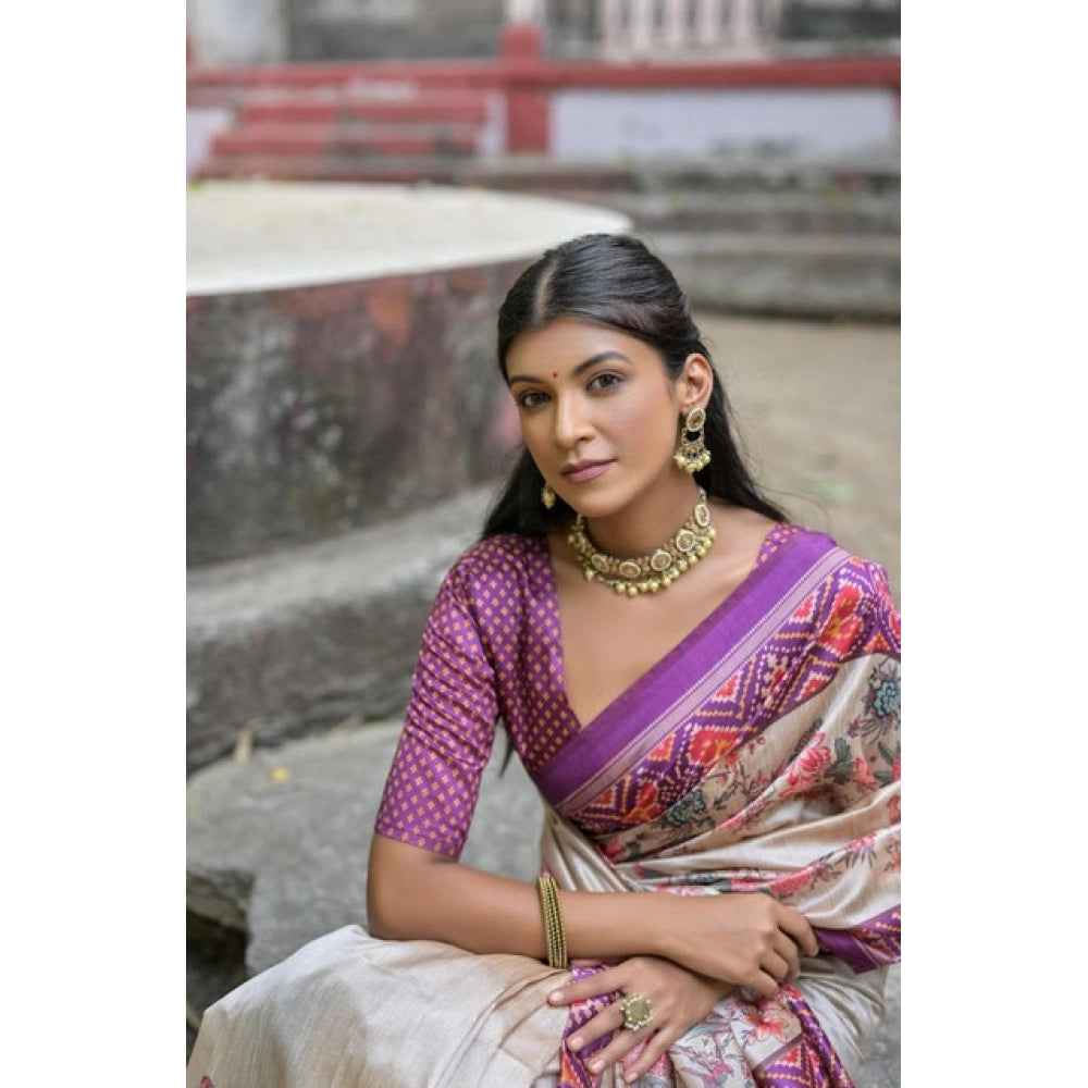 Generic Women's Faux_Tussar Floral Jal With Patola Print Saree With Unstitched Blouse 5.5MtrÂ (Lavender)