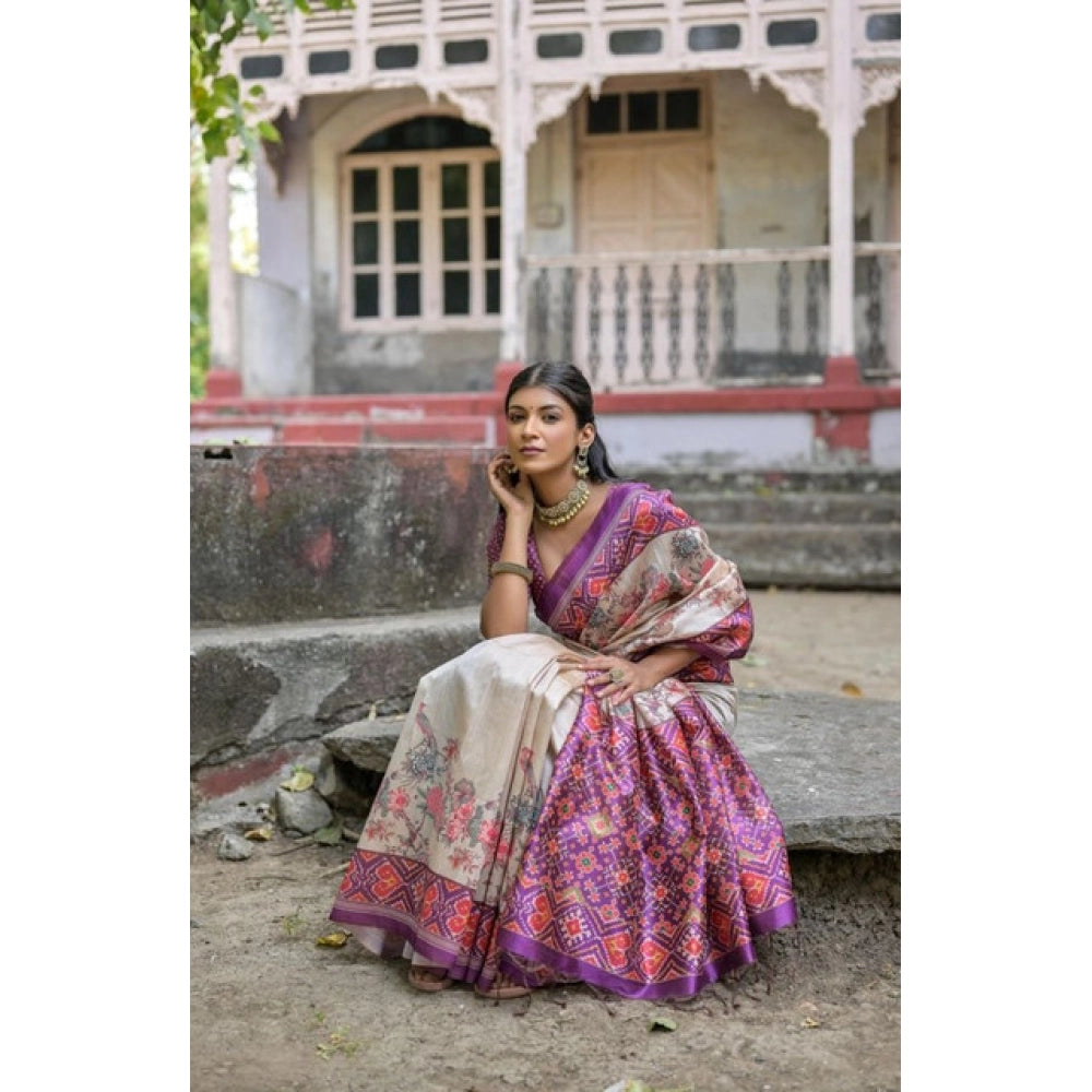 Generic Women's Faux_Tussar Floral Jal With Patola Print Saree With Unstitched Blouse 5.5MtrÂ (Lavender)