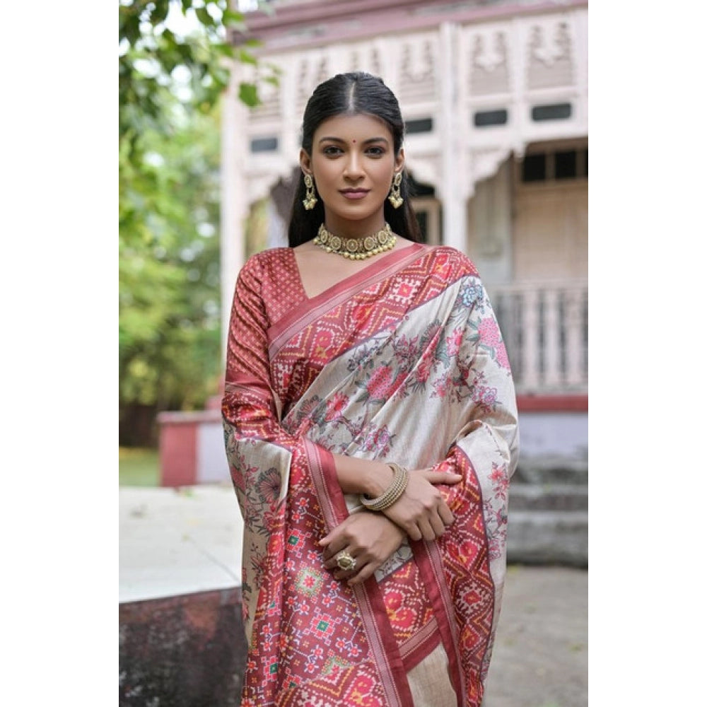 Generic Women's Faux_Tussar Floral Jal With Patola Print Saree With Unstitched Blouse 5.5MtrÂ (Maroon)