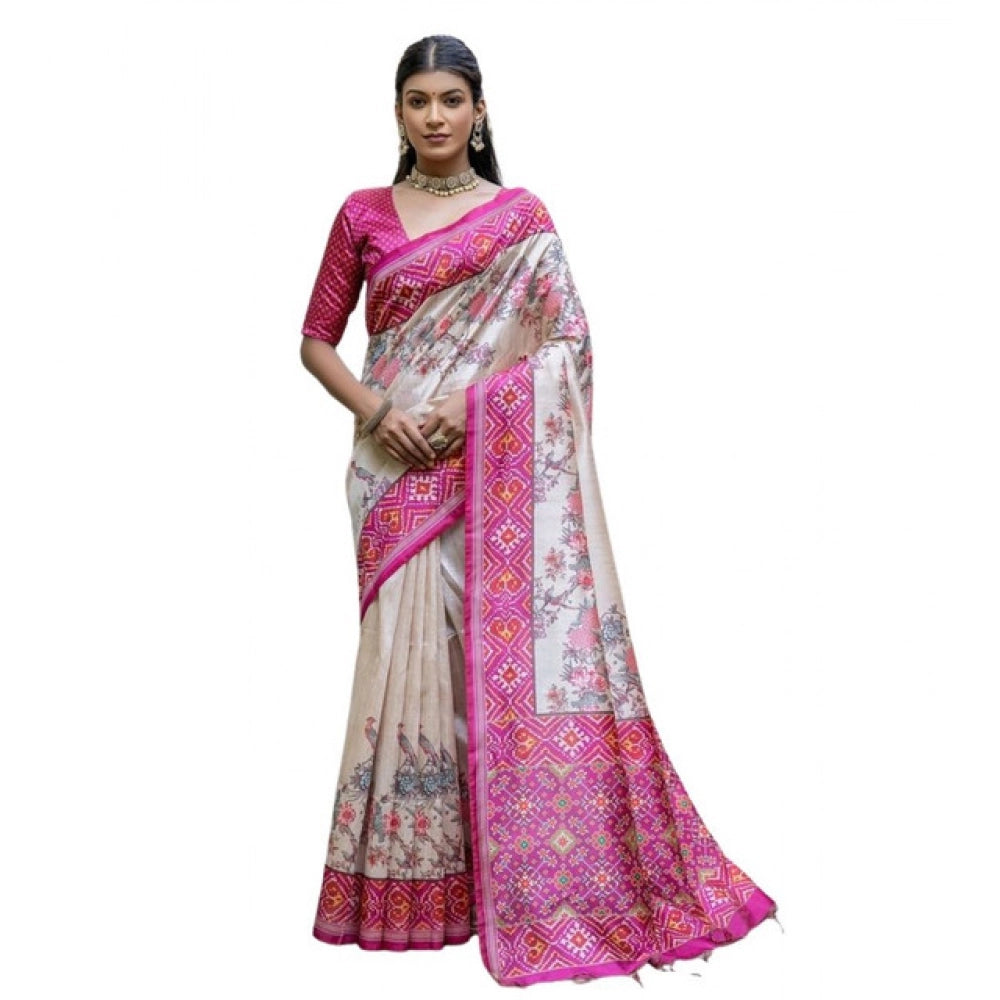 Generic Women's Faux_Tussar Floral Jal With Patola Print Saree With Unstitched Blouse 5.5MtrÂ (Pink)
