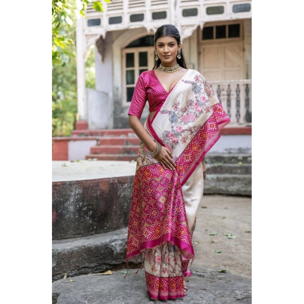 Generic Women's Faux_Tussar Floral Jal With Patola Print Saree With Unstitched Blouse 5.5MtrÂ (Pink)
