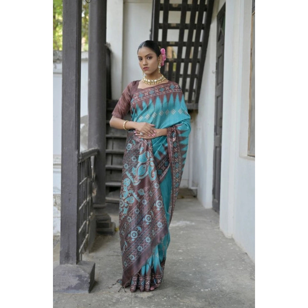 Generic Women's Faux_Tussar Ikat Saree With Unstitched Blouse 5.5MtrÂ (Aqua_Blue)