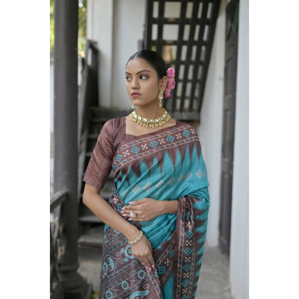 Generic Women's Faux_Tussar Ikat Saree With Unstitched Blouse 5.5MtrÂ (Aqua_Blue)