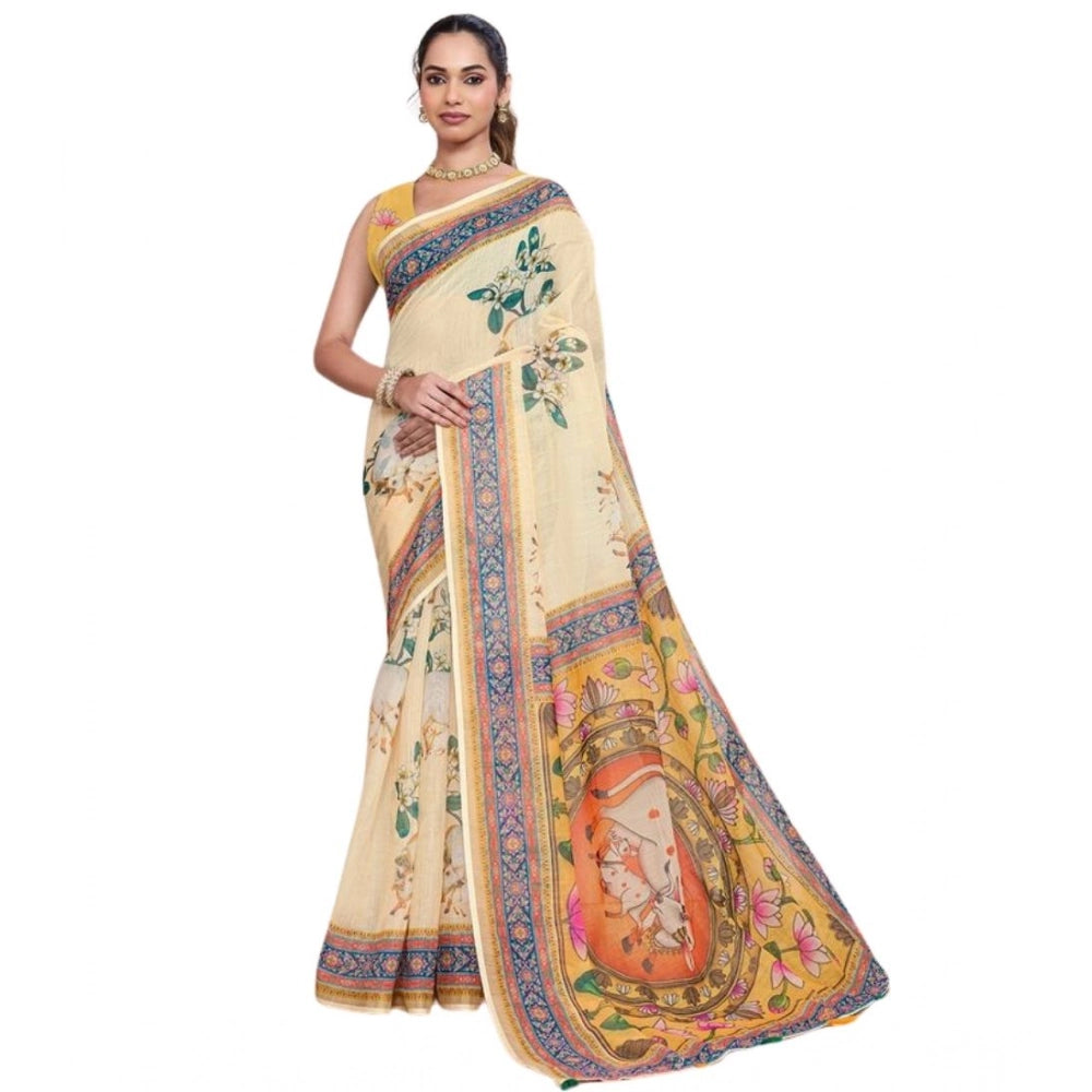 Generic Women's Linen Floral Printed Saree With Unstitched Blouse 5.5MtrÂ (Beige)