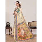 Generic Women's Linen Floral Printed Saree With Unstitched Blouse 5.5MtrÂ (Beige)