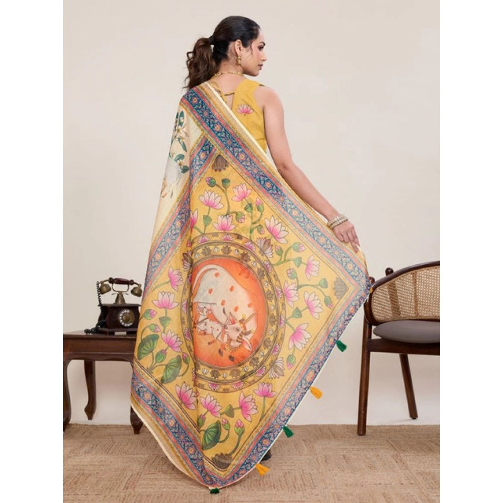Generic Women's Linen Floral Printed Saree With Unstitched Blouse 5.5MtrÂ (Beige)