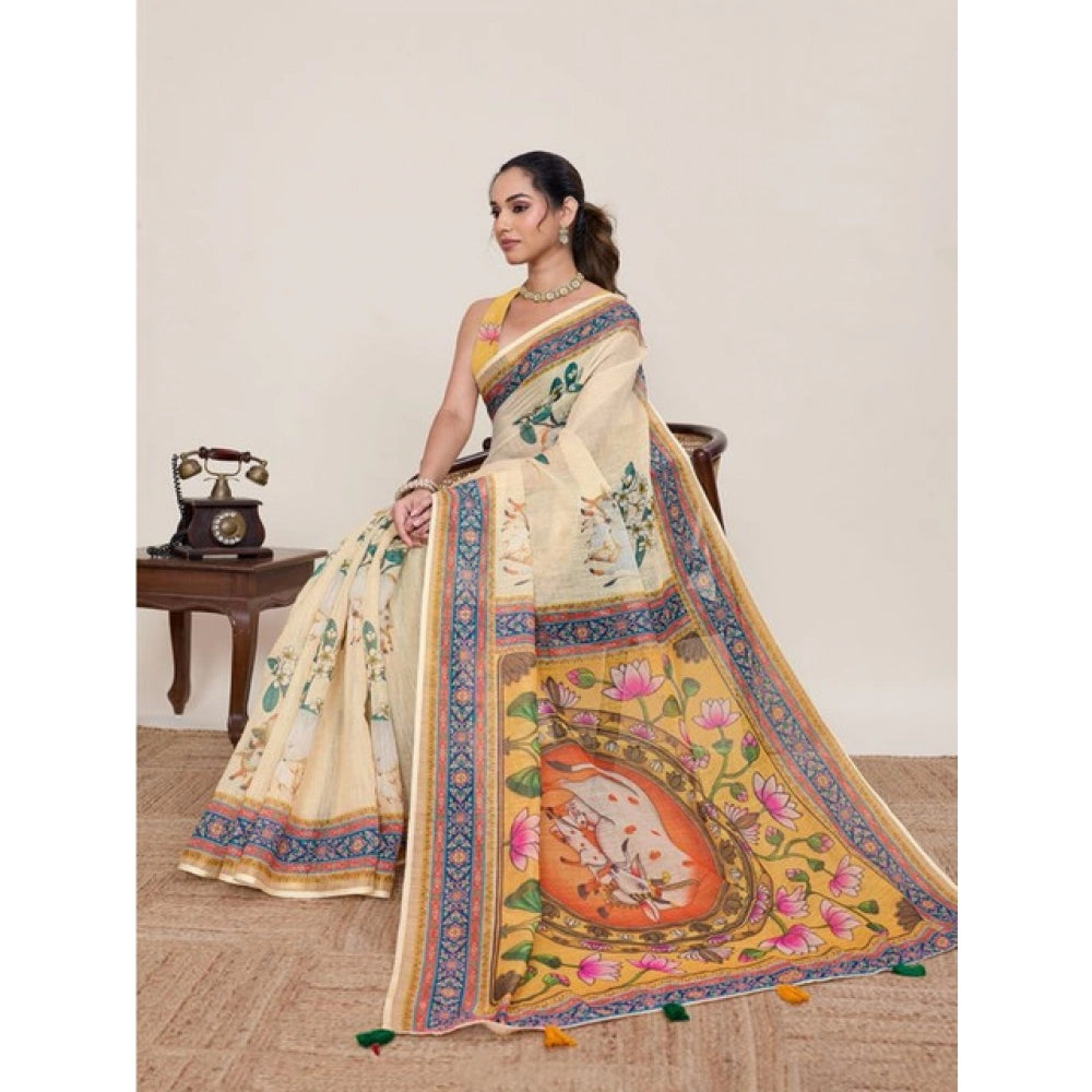 Generic Women's Linen Floral Printed Saree With Unstitched Blouse 5.5MtrÂ (Beige)