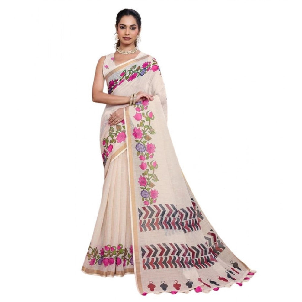Generic Women's Linen Floral Printed Saree With Unstitched Blouse 5.5MtrÂ (Cream)