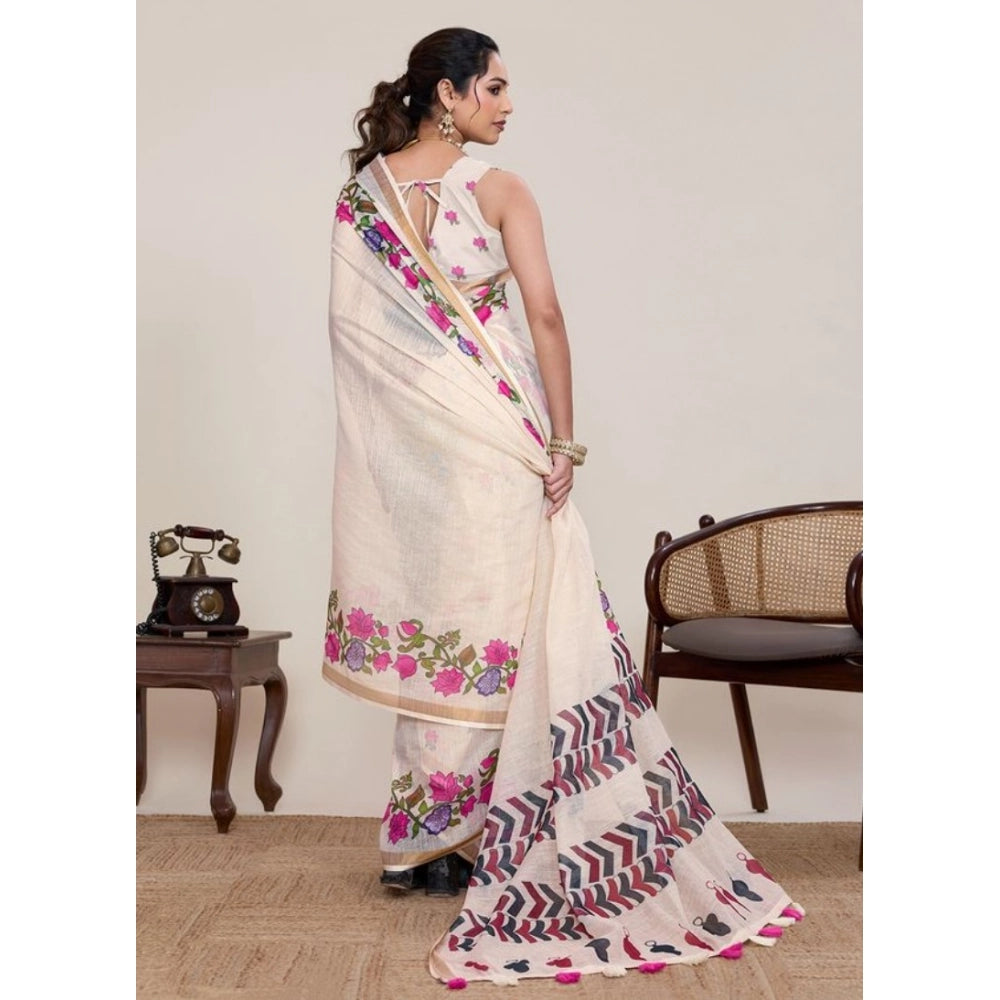 Generic Women's Linen Floral Printed Saree With Unstitched Blouse 5.5MtrÂ (Cream)