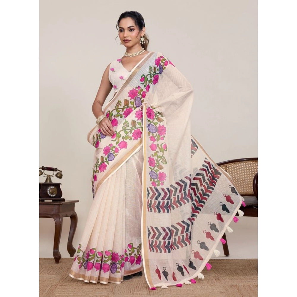 Generic Women's Linen Floral Printed Saree With Unstitched Blouse 5.5MtrÂ (Cream)
