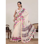 Generic Women's Linen Floral Printed Saree With Unstitched Blouse 5.5MtrÂ (Cream)