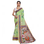 Generic Women's Linen Floral Printed Saree With Unstitched Blouse 5.5MtrÂ (Light Green)