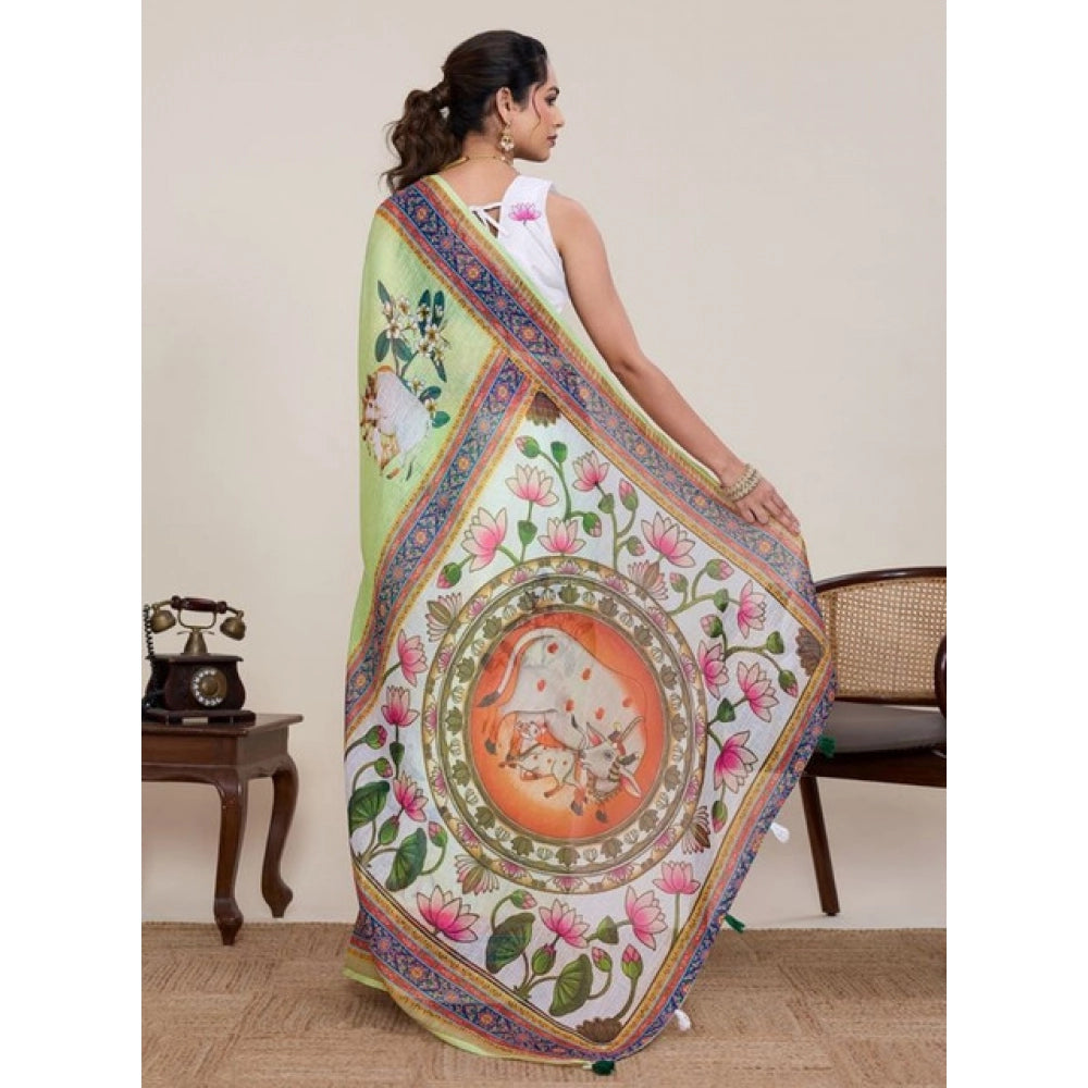 Generic Women's Linen Floral Printed Saree With Unstitched Blouse 5.5MtrÂ (Light Green)