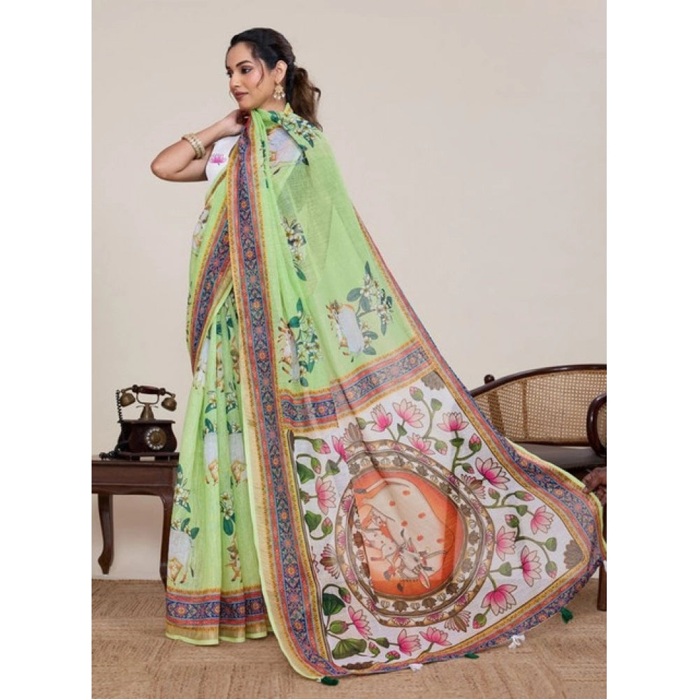 Generic Women's Linen Floral Printed Saree With Unstitched Blouse 5.5MtrÂ (Light Green)