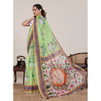 Generic Women's Linen Floral Printed Saree With Unstitched Blouse 5.5MtrÂ (Light Green)