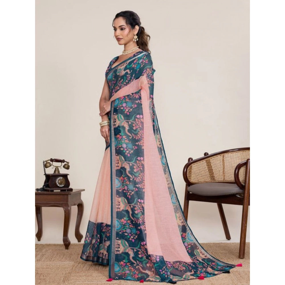 Generic Women's Linen Floral Printed Saree With Unstitched Blouse 5.5MtrÂ (Peach Pink)