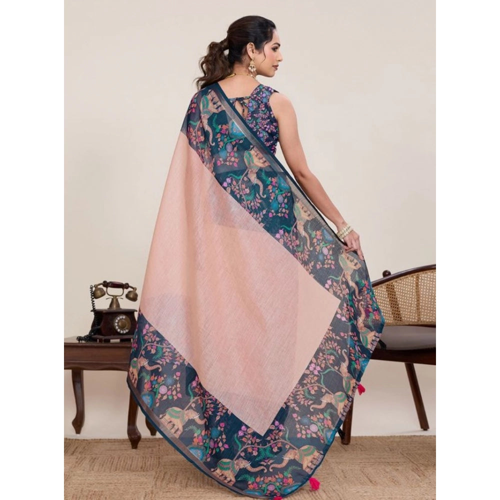 Generic Women's Linen Floral Printed Saree With Unstitched Blouse 5.5MtrÂ (Peach Pink)