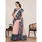 Generic Women's Linen Floral Printed Saree With Unstitched Blouse 5.5MtrÂ (Peach Pink)