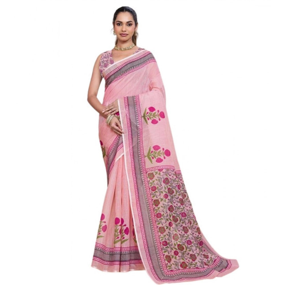 Generic Women's Linen Floral Printed Saree With Unstitched Blouse 5.5MtrÂ (Pink)