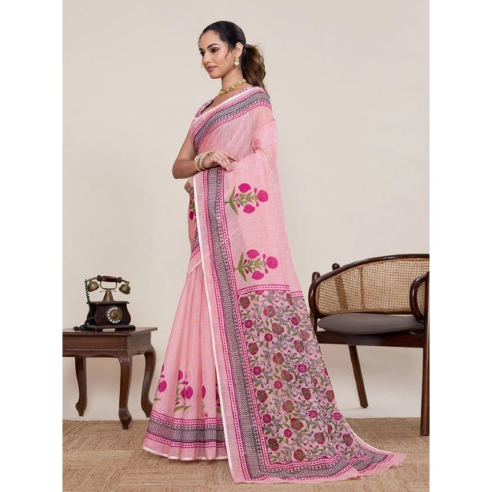 Generic Women's Linen Floral Printed Saree With Unstitched Blouse 5.5MtrÂ (Pink)
