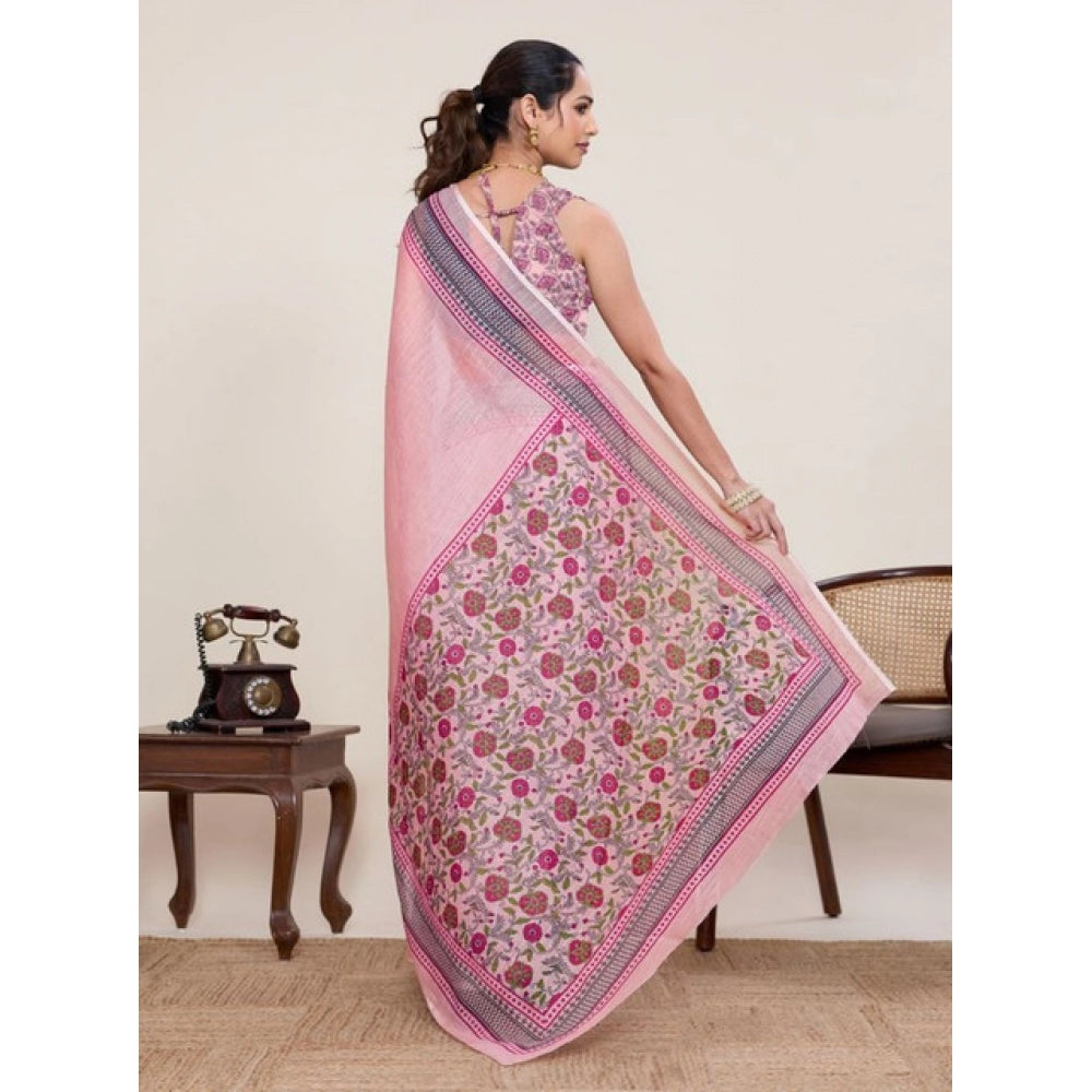 Generic Women's Linen Floral Printed Saree With Unstitched Blouse 5.5MtrÂ (Pink)