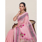 Generic Women's Linen Floral Printed Saree With Unstitched Blouse 5.5MtrÂ (Pink)