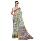 Generic Women's Linen Floral Printed Saree With Unstitched Blouse 5.5MtrÂ (Pista Green)