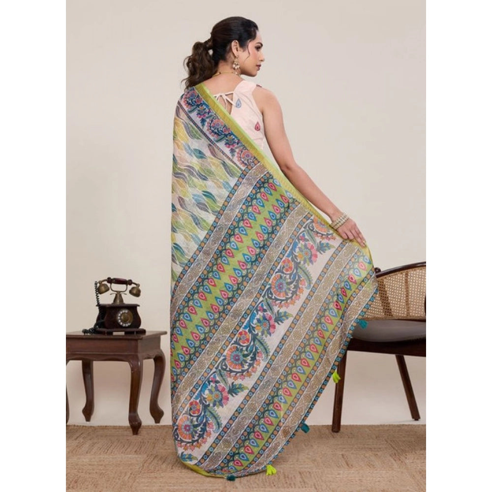 Generic Women's Linen Floral Printed Saree With Unstitched Blouse 5.5MtrÂ (Pista Green)