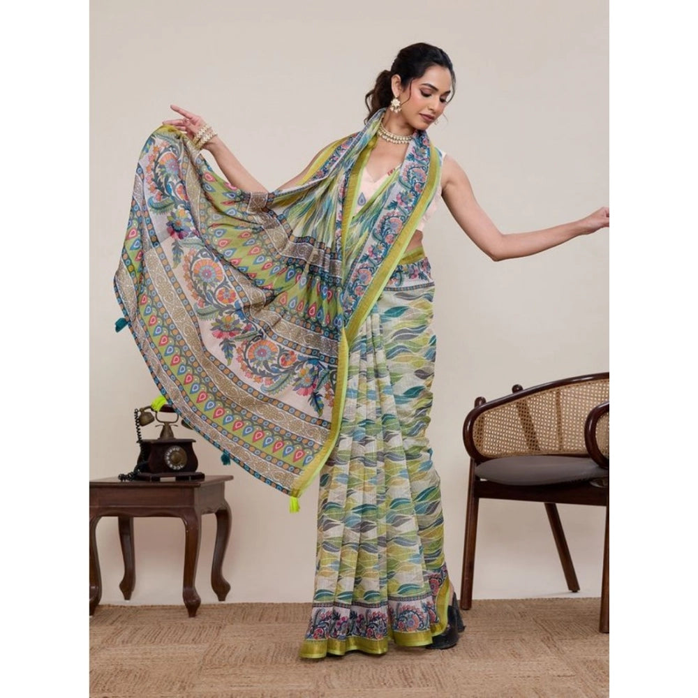 Generic Women's Linen Floral Printed Saree With Unstitched Blouse 5.5MtrÂ (Pista Green)