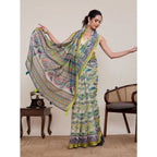 Generic Women's Linen Floral Printed Saree With Unstitched Blouse 5.5MtrÂ (Pista Green)