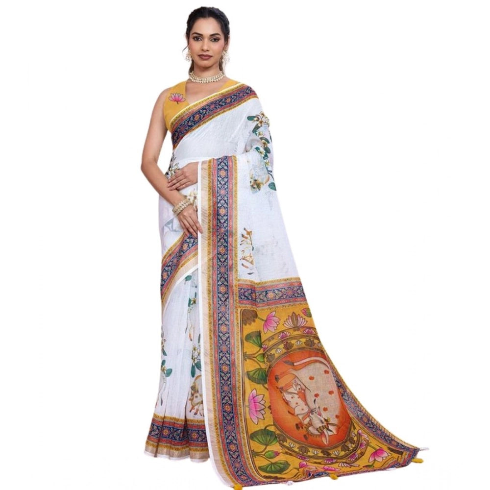 Generic Women's Linen Floral Printed Saree With Unstitched Blouse 5.5MtrÂ (White)