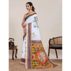 Generic Women's Linen Floral Printed Saree With Unstitched Blouse 5.5MtrÂ (White)
