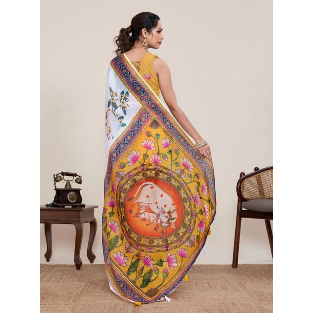 Generic Women's Linen Floral Printed Saree With Unstitched Blouse 5.5MtrÂ (White)