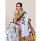 Generic Women's Linen Floral Printed Saree With Unstitched Blouse 5.5MtrÂ (White)