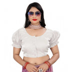 Generic Women's Jimmy Solid Designer Neck Elastic Sleeve Readymade Blouse (White 38 , Alterable up to 42)-PID65836