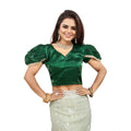  Women's Jimmy Solid V Neck Puff Sleeve Readymade Blouse (Green 38 , Alterable up to 42)-PID65839