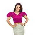  Women's Jimmy Solid V Neck Puff Sleeve Readymade Blouse (Pink 38 , Alterable up to 42)-PID65842