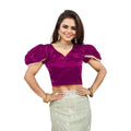  Women's Jimmy Solid V Neck Puff Sleeve Readymade Blouse (Purple 38 , Alterable up to 42)-PID65843