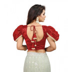 Generic Women's Jimmy Solid V Neck Puff Sleeve Readymade Blouse (Red 38 , Alterable up to 42)-PID65844