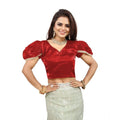  Women's Jimmy Solid V Neck Puff Sleeve Readymade Blouse (Red 38 , Alterable up to 42)-PID65844