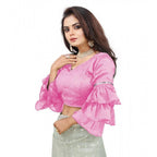 Generic Women's Organza Solid V Neck Layered Ruffle Sleeve Readymade Blouse (Light_Pink Free Size , up to 38â€“40 Bust)-PID65846