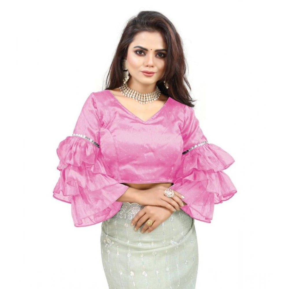 Generic Women's Organza Solid V Neck Layered Ruffle Sleeve Readymade Blouse (Light_Pink Free Size , up to 38â€“40 Bust)-PID65846