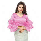 Generic Women's Organza Solid V Neck Layered Ruffle Sleeve Readymade Blouse (Light_Pink Free Size , up to 38â€“40 Bust)-PID65846