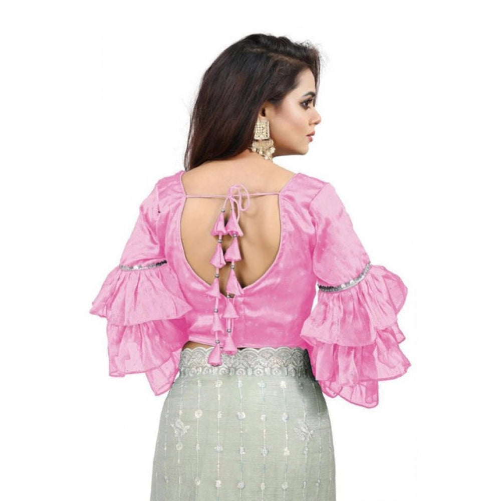 Generic Women's Organza Solid V Neck Layered Ruffle Sleeve Readymade Blouse (Light_Pink Free Size , up to 38â€“40 Bust)-PID65846