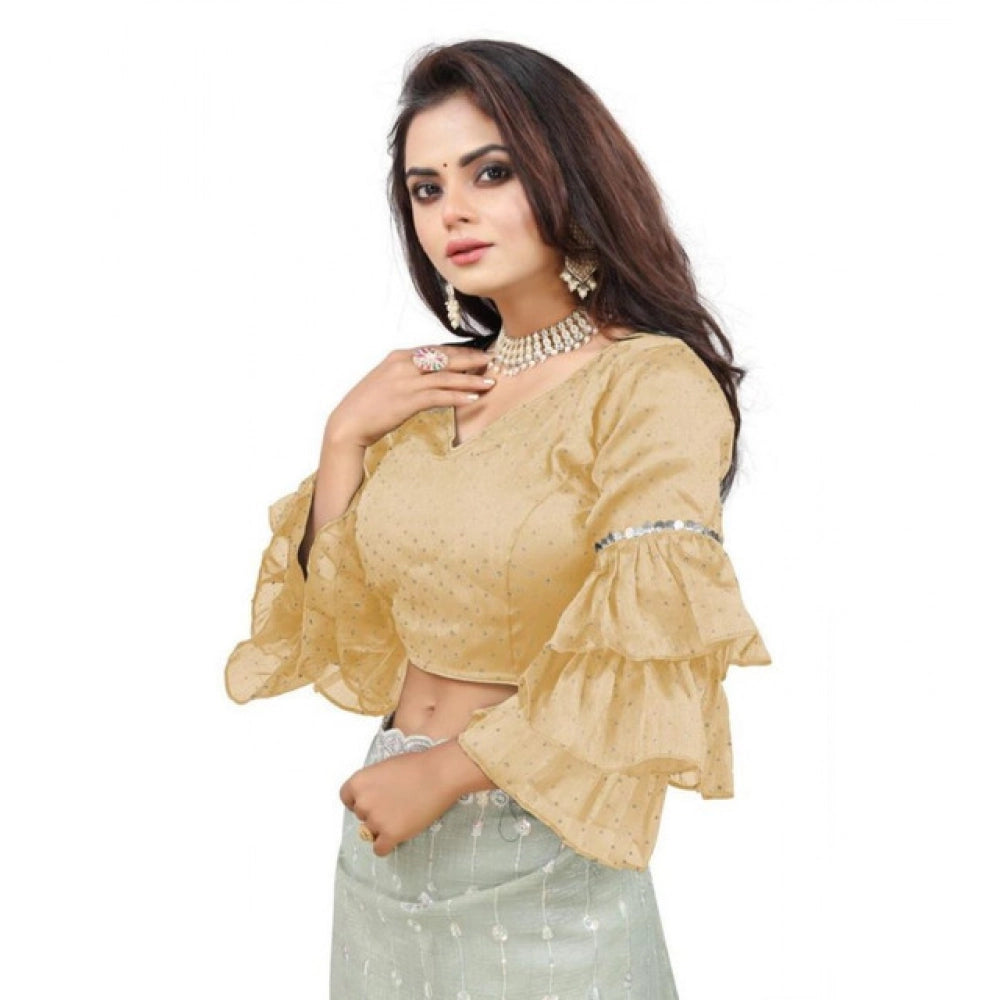Generic Women's Organza Solid V Neck Layered Ruffle Sleeve Readymade Blouse (Beige Free Size , up to 38â€“40 Bust)-PID65847